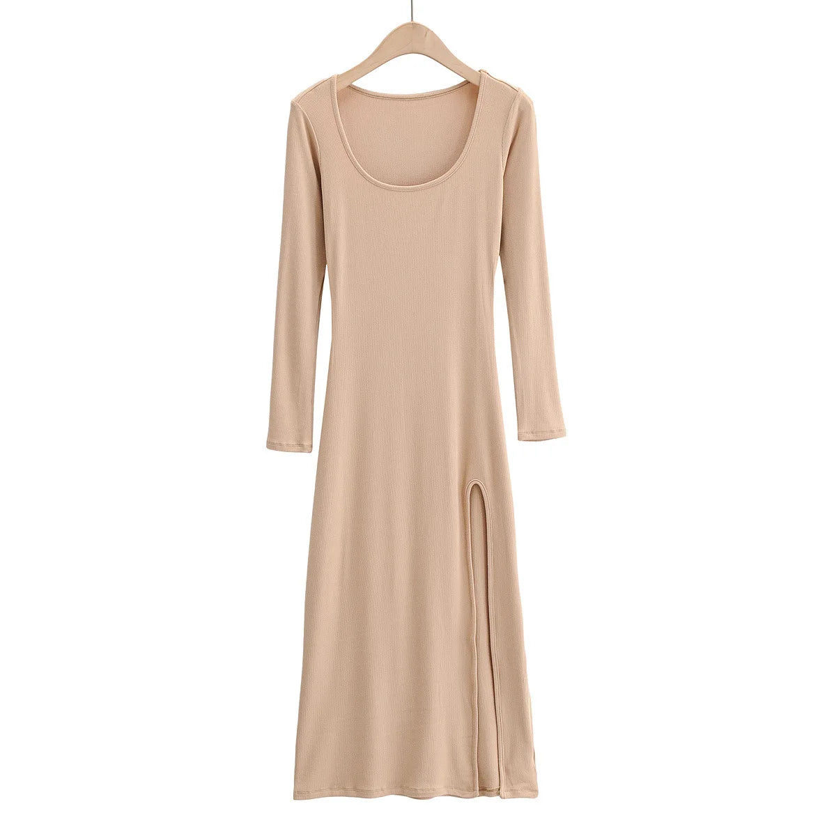 Ribbed Knit Square Neck Long Sleeve Side Slit Maxi Dress