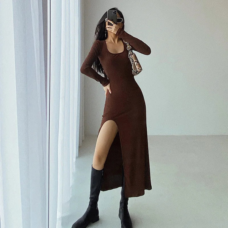 Ribbed Knit Square Neck Long Sleeve Side Slit Maxi Dress