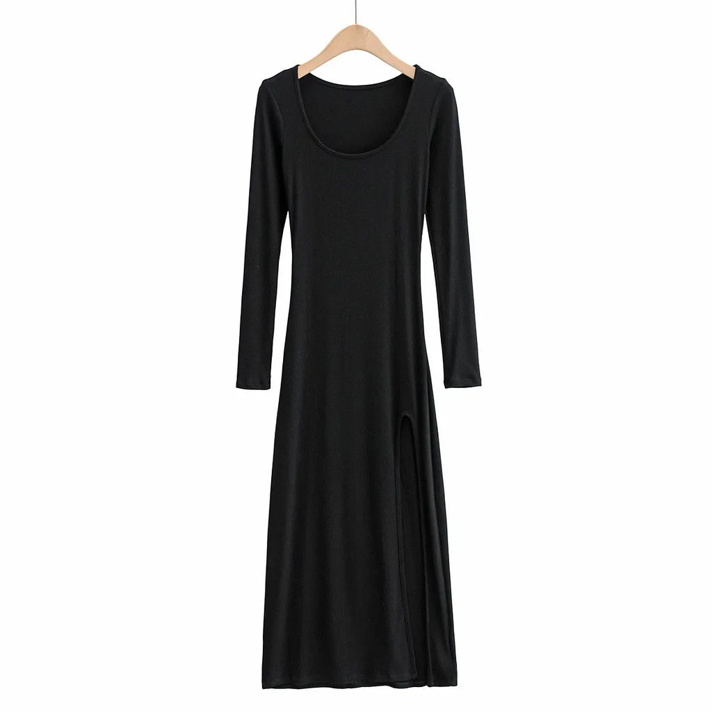 Ribbed Knit Square Neck Long Sleeve Side Slit Maxi Dress