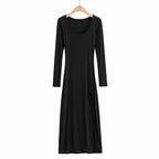 Ribbed Knit Square Neck Long Sleeve Side Slit Maxi Dress