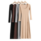 Ribbed Knit Square Neck Long Sleeve Side Slit Maxi Dress