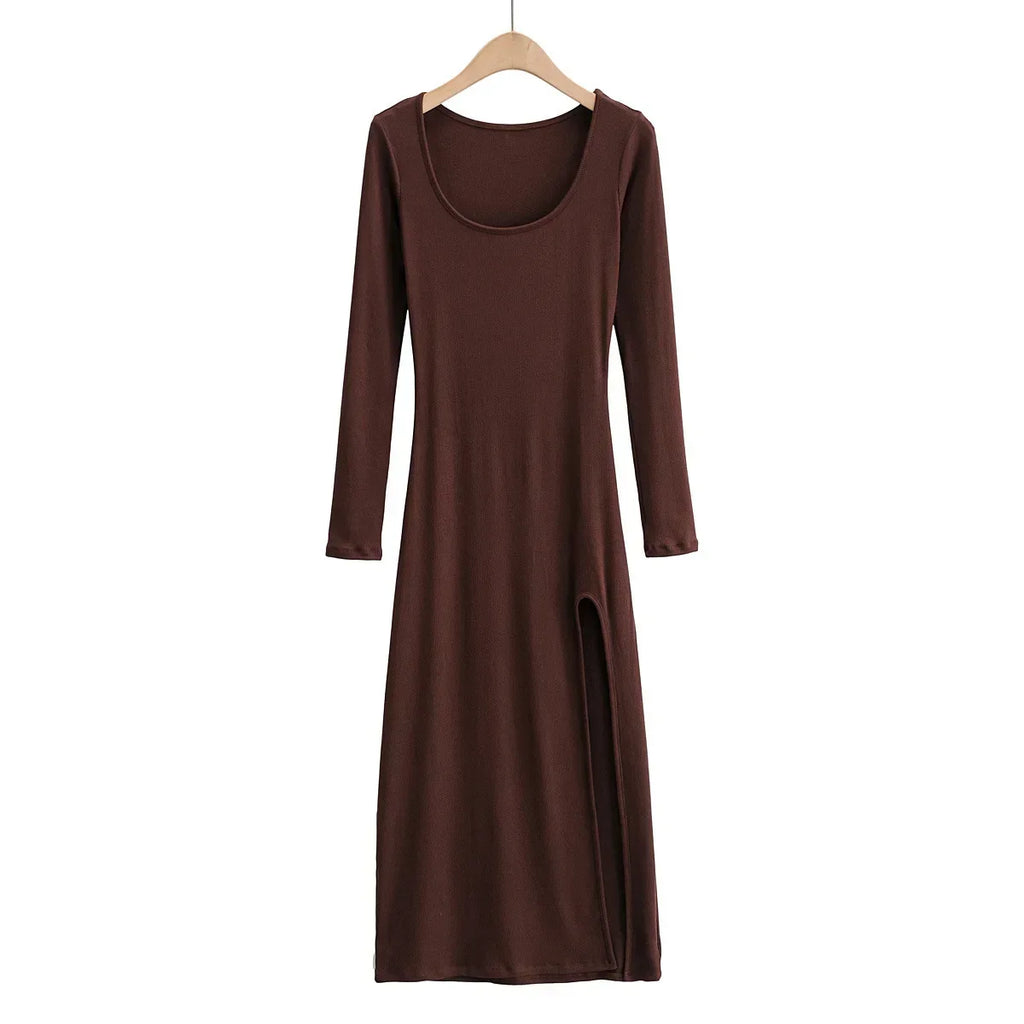 Ribbed Knit Square Neck Long Sleeve Side Slit Maxi Dress