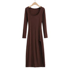 Ribbed Knit Square Neck Long Sleeve Side Slit Maxi Dress
