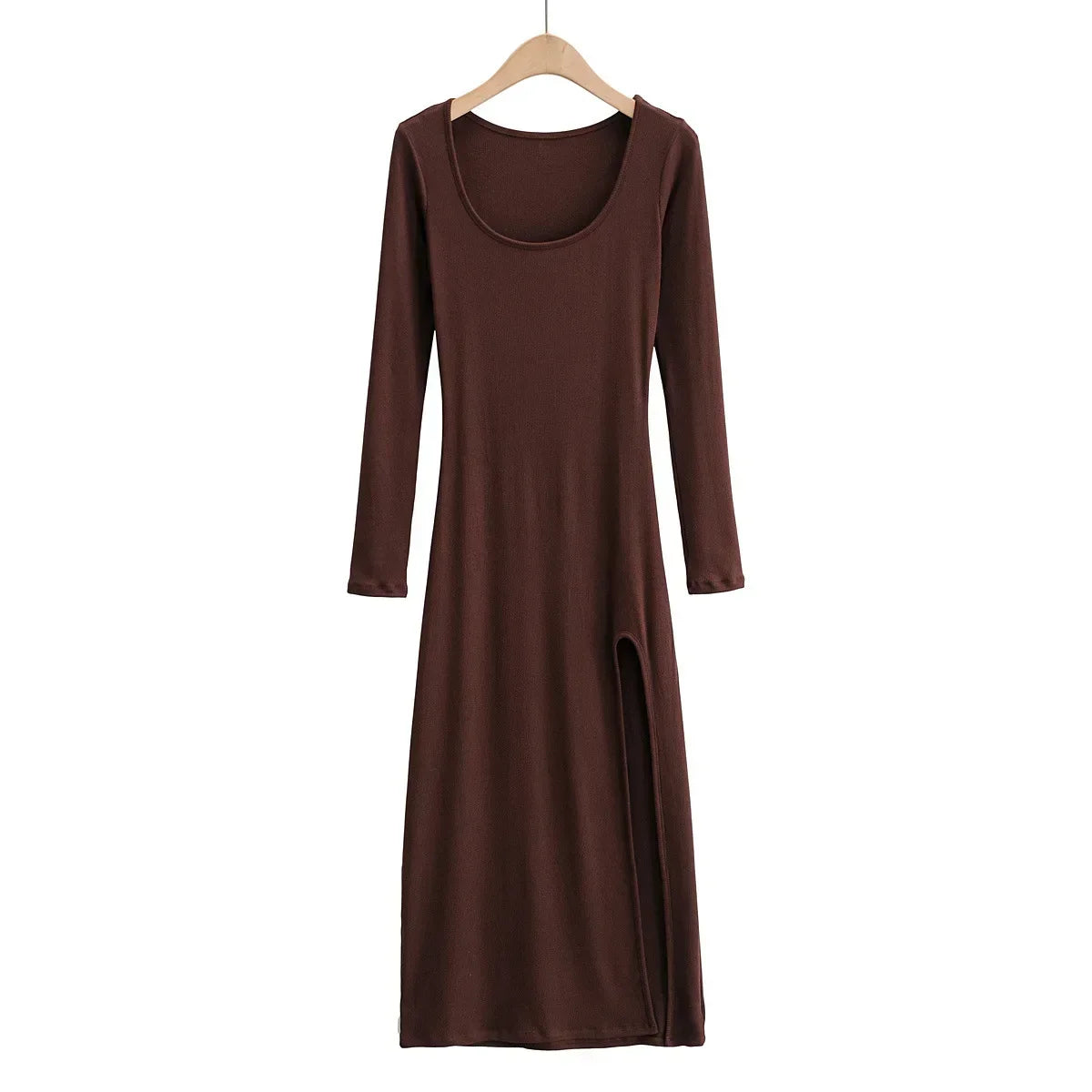 Ribbed Knit Square Neck Long Sleeve Side Slit Maxi Dress