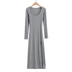 Ribbed Knit Square Neck Long Sleeve Side Slit Maxi Dress