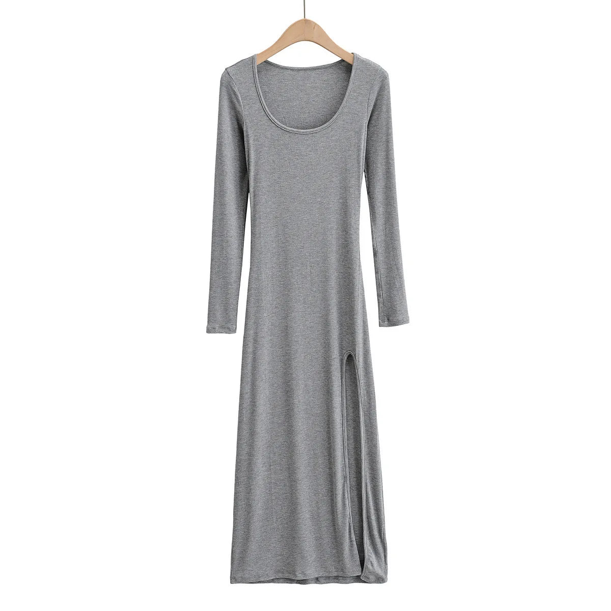 Ribbed Knit Square Neck Long Sleeve Side Slit Maxi Dress