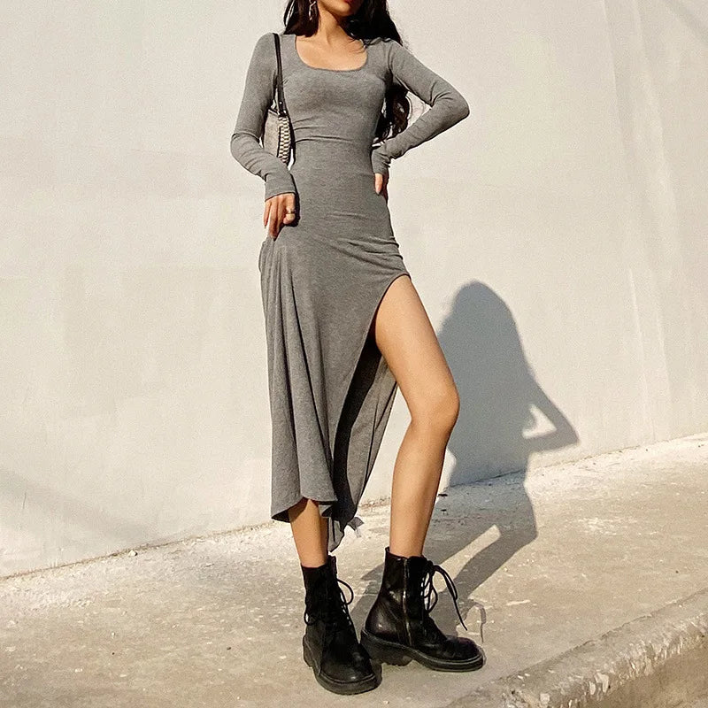 Ribbed Knit Square Neck Long Sleeve Side Slit Maxi Dress