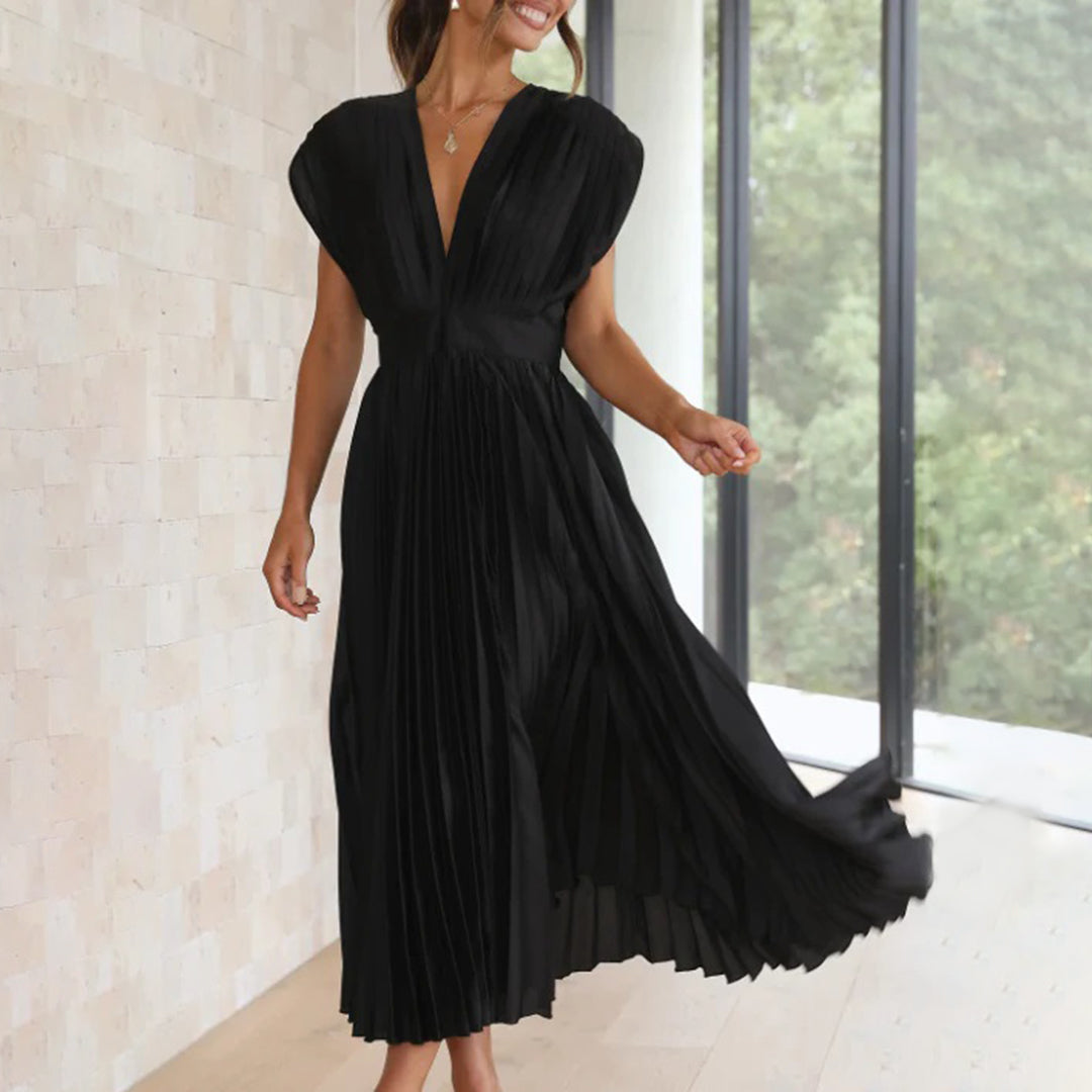 Metallic Sunray Pleated Deep V-Neck Wide Strap Midi Dress