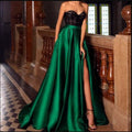 Strapless Lace Corset Bodice Pleated Satin High Slit Maxi Gown