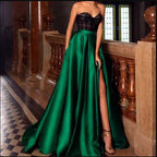 Strapless Lace Corset Bodice Pleated Satin High Slit Maxi Gown