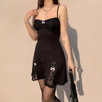 Lace Trim Sweetheart Bow Lace Inset Slit Bodycon Mini Dress