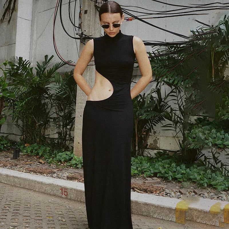 Mock Neck Sleeveless Side Cut Out Trumpet Hem Bodycon Maxi Dress