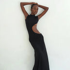 Mock Neck Sleeveless Side Cut Out Trumpet Hem Bodycon Maxi Dress