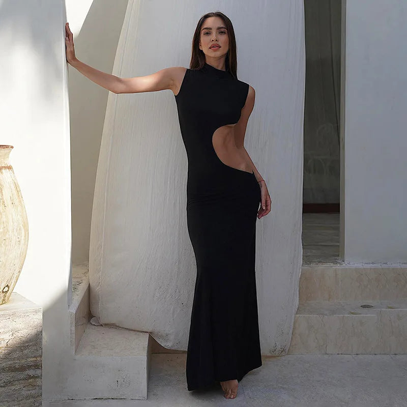 Mock Neck Sleeveless Side Cut Out Trumpet Hem Bodycon Maxi Dress