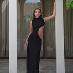 Mock Neck Sleeveless Side Cut Out Trumpet Hem Bodycon Maxi Dress