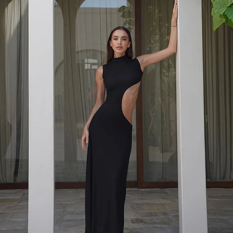Mock Neck Sleeveless Side Cut Out Trumpet Hem Bodycon Maxi Dress