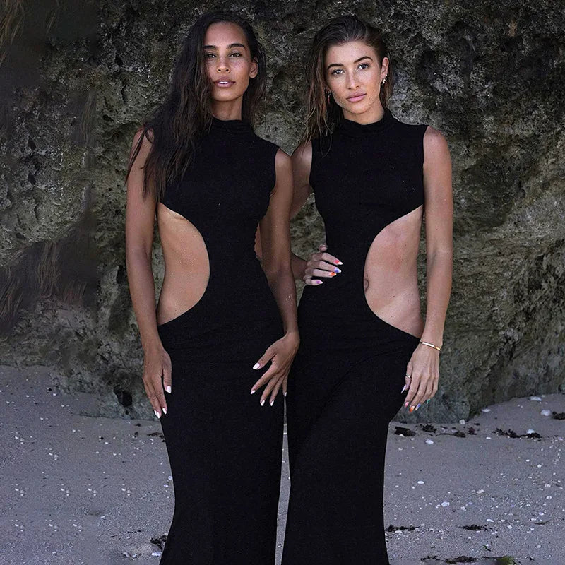 Mock Neck Sleeveless Side Cut Out Trumpet Hem Bodycon Maxi Dress