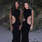 Mock Neck Sleeveless Side Cut Out Trumpet Hem Bodycon Maxi Dress