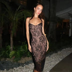 Floral Lace Bustier Sweetheart Spaghetti Strap Scalloped Hem Bodycon Midi Dress