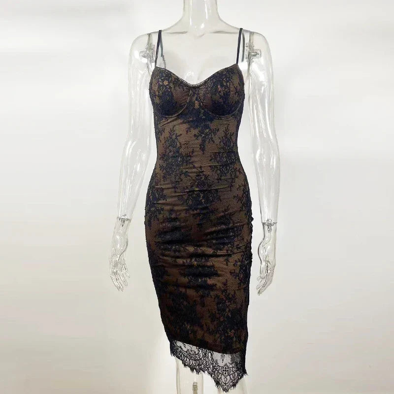 Floral Lace Bustier Sweetheart Spaghetti Strap Scalloped Hem Bodycon Midi Dress