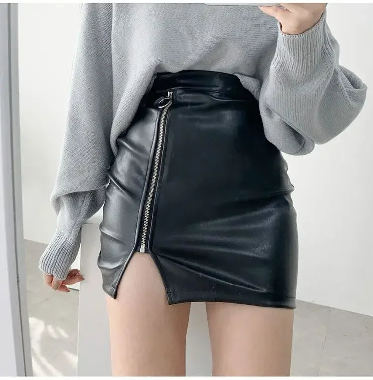 High Waist Asymmetrical Zipper Faux Leather Bodycon Mini Skirt