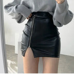 High Waist Asymmetrical Zipper Faux Leather Bodycon Mini Skirt