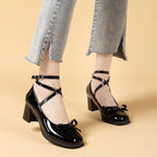 Black Retro Casual Summer Round Toe Sweet Fashion Ladies Bow Design Low Heel Pumps