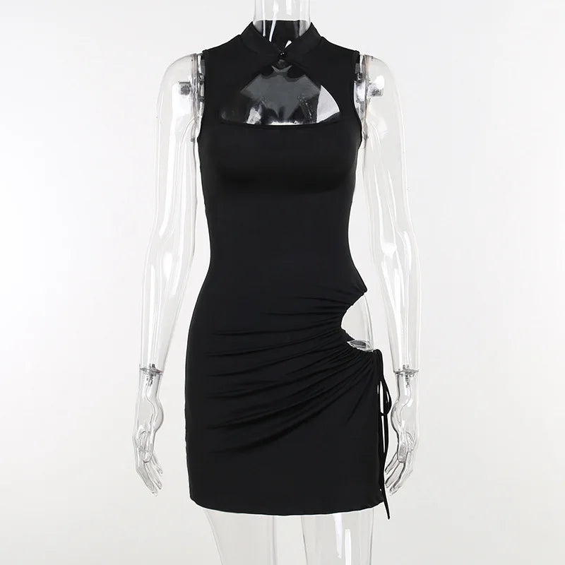 Mock Neck Keyhole Cutout Ruched Drawstring Side Slit Bodycon Mini Dress