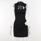 Mock Neck Keyhole Cutout Ruched Drawstring Side Slit Bodycon Mini Dress