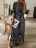 Geometric Print Collared Button Front Short Sleeve Side Slit Maxi Dress