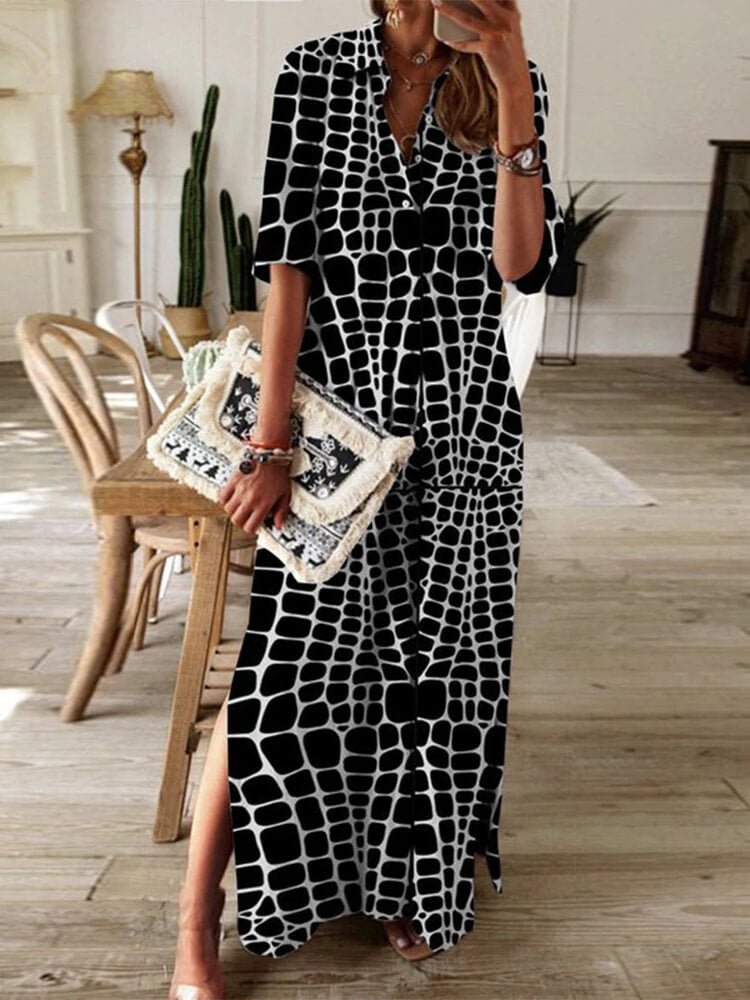 Geometric Print Collared Button Front Short Sleeve Side Slit Maxi Dress