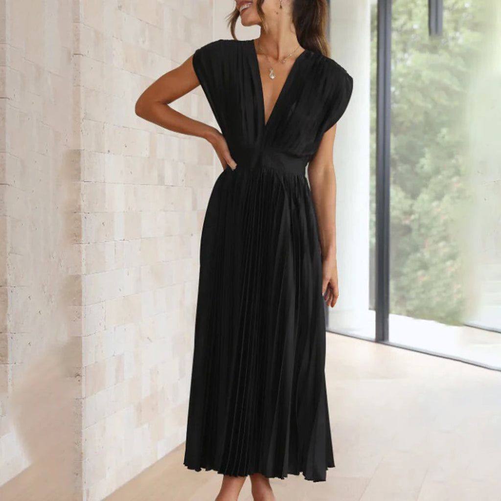 Metallic Sunray Pleated Deep V-Neck Wide Strap Midi Dress