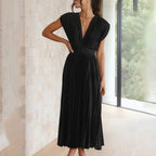 Metallic Sunray Pleated Deep V-Neck Wide Strap Midi Dress