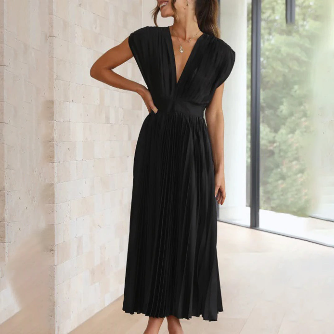 Metallic Sunray Pleated Deep V-Neck Wide Strap Midi Dress