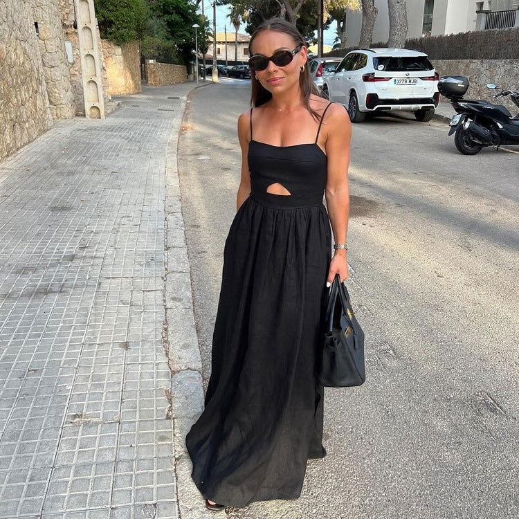 Black Breathable Sling High Waist French Dress Holiday Long