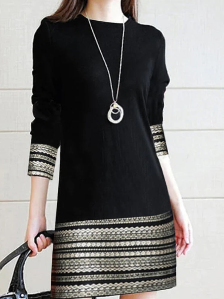 Geometric Border Print Crew Neck Three-Quarter Sleeve Shift Mini Dress