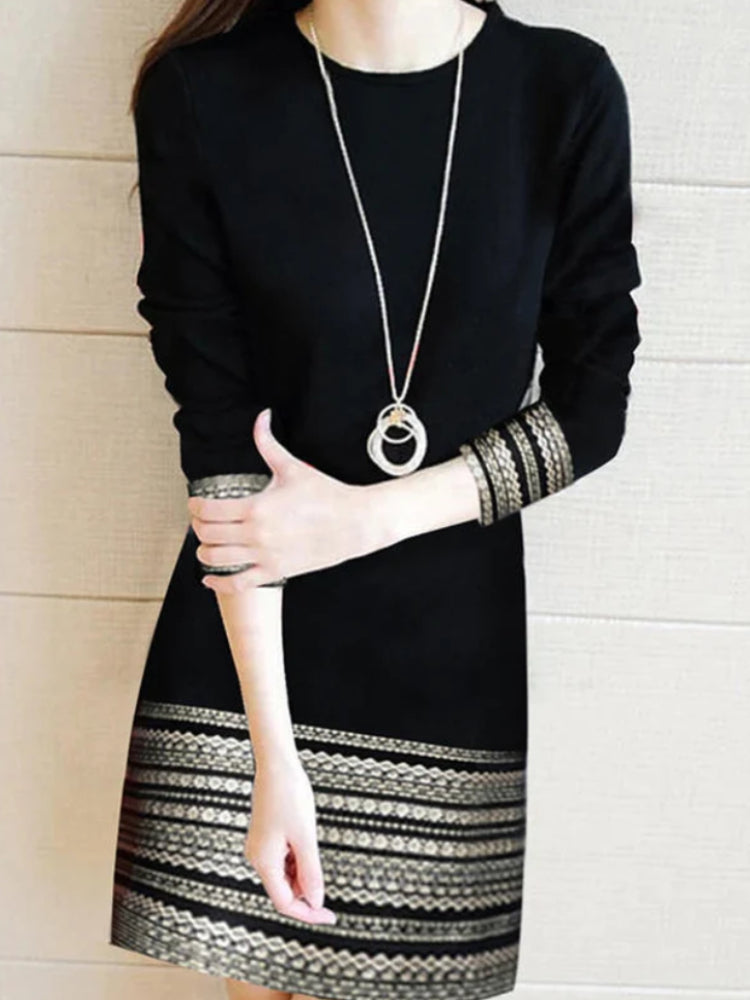 Geometric Border Print Crew Neck Three-Quarter Sleeve Shift Mini Dress