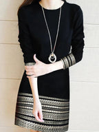 Geometric Border Print Crew Neck Three-Quarter Sleeve Shift Mini Dress