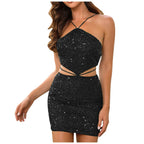 Sequin Halter Handkerchief Hem Crop Top Bodycon Mini Two Piece Set