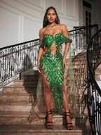 Sequin Embellished Mesh Off Shoulder Waist Cut Out Train Maxi Gown