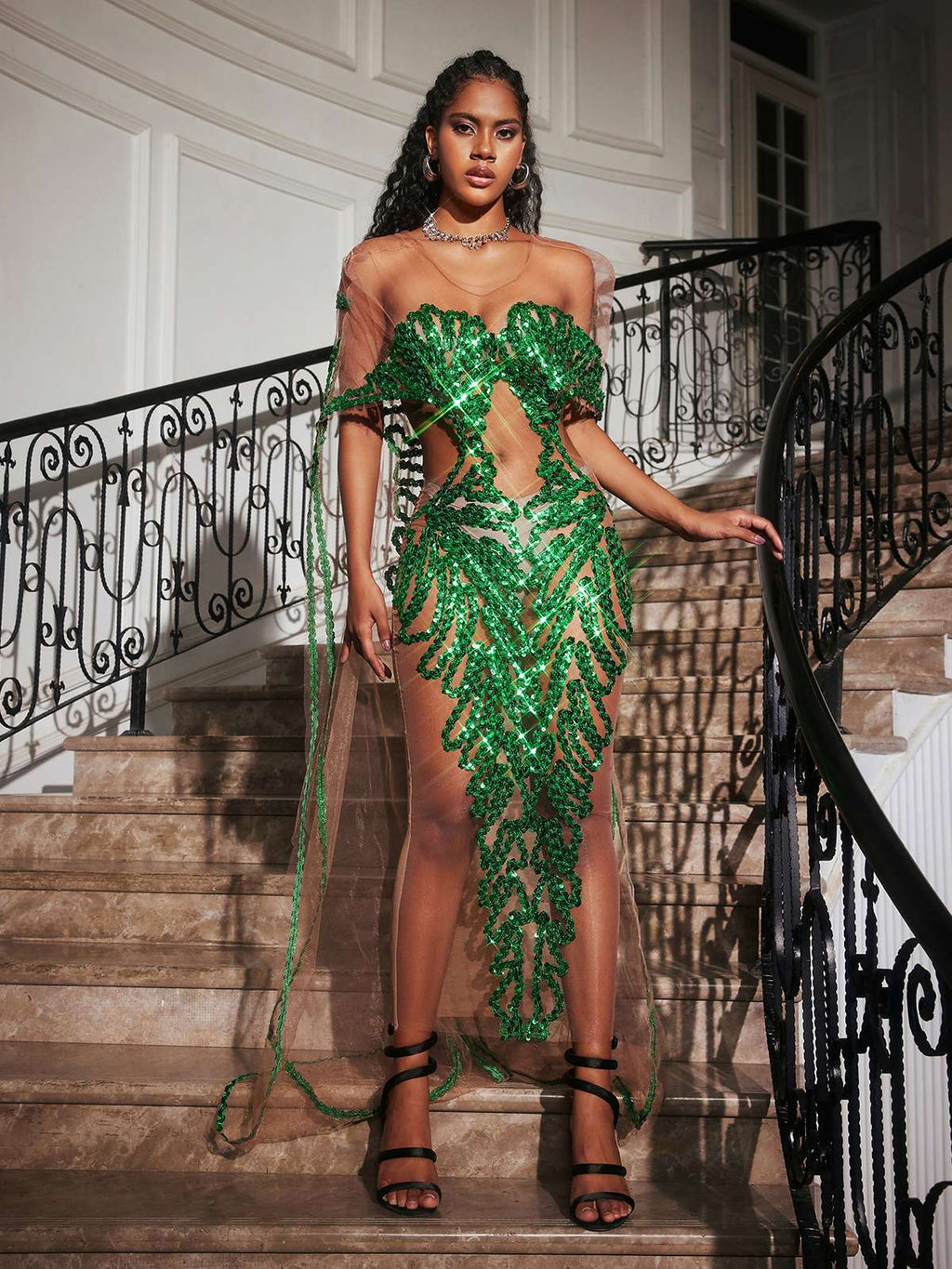 Sequin Embellished Mesh Off Shoulder Waist Cut Out Train Maxi Gown