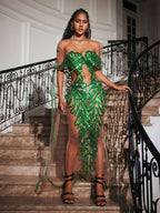 Sequin Embellished Mesh Off Shoulder Waist Cut Out Train Maxi Gown