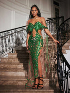 Sequin Embellished Mesh Off Shoulder Waist Cut Out Train Maxi Gown