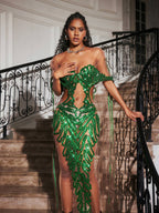 Sequin Embellished Mesh Off Shoulder Waist Cut Out Train Maxi Gown