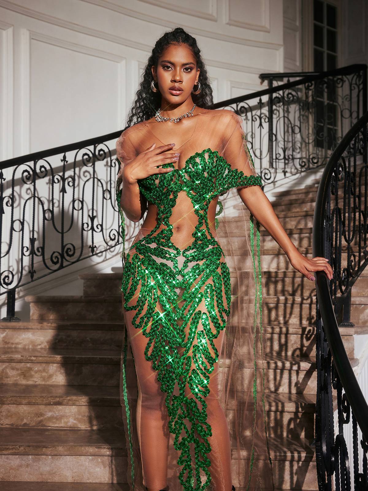 Sequin Embellished Mesh Off Shoulder Waist Cut Out Train Maxi Gown