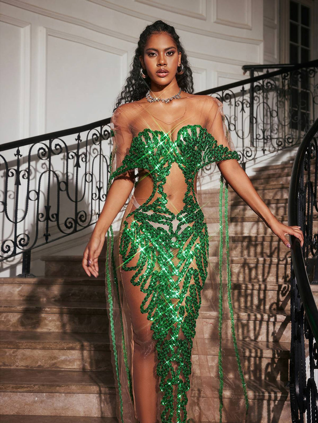 Sequin Embellished Mesh Off Shoulder Waist Cut Out Train Maxi Gown