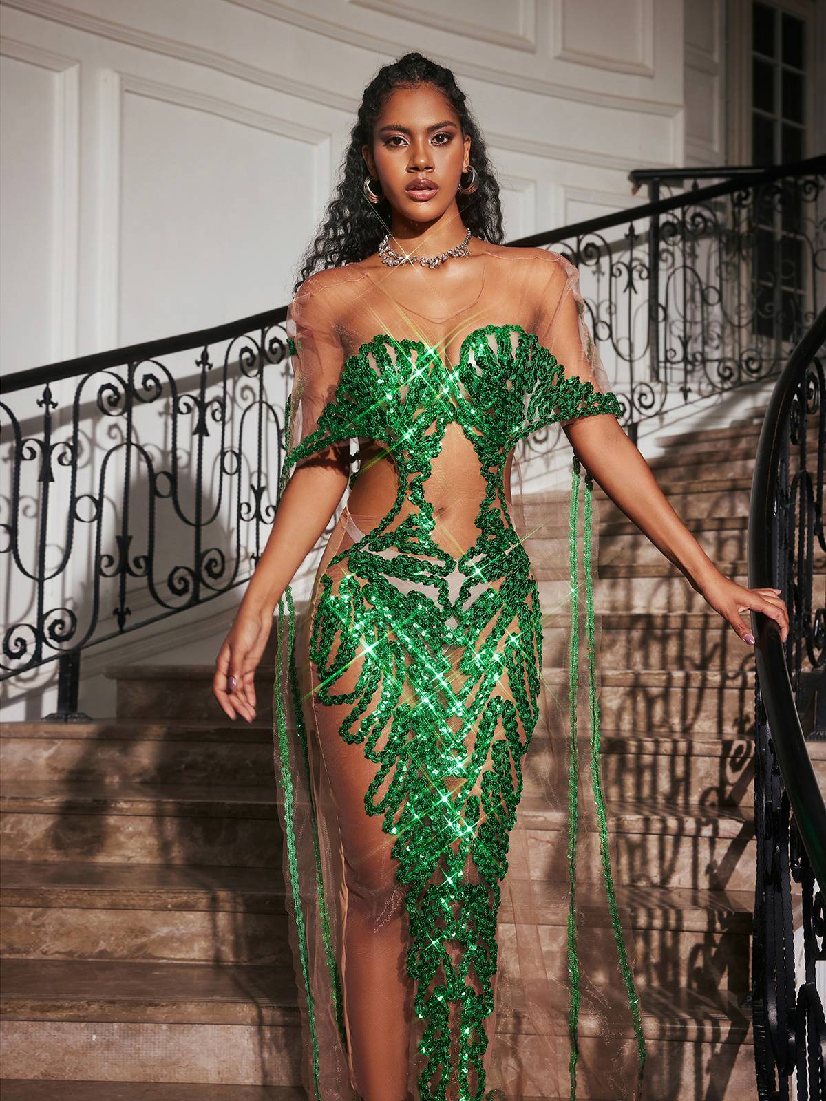 Sequin Embellished Mesh Off Shoulder Waist Cut Out Train Maxi Gown