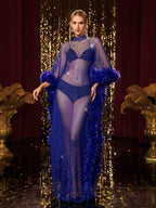 Rhinestone Mesh Feather Trim Bell Sleeve Mock Neck Maxi Gown