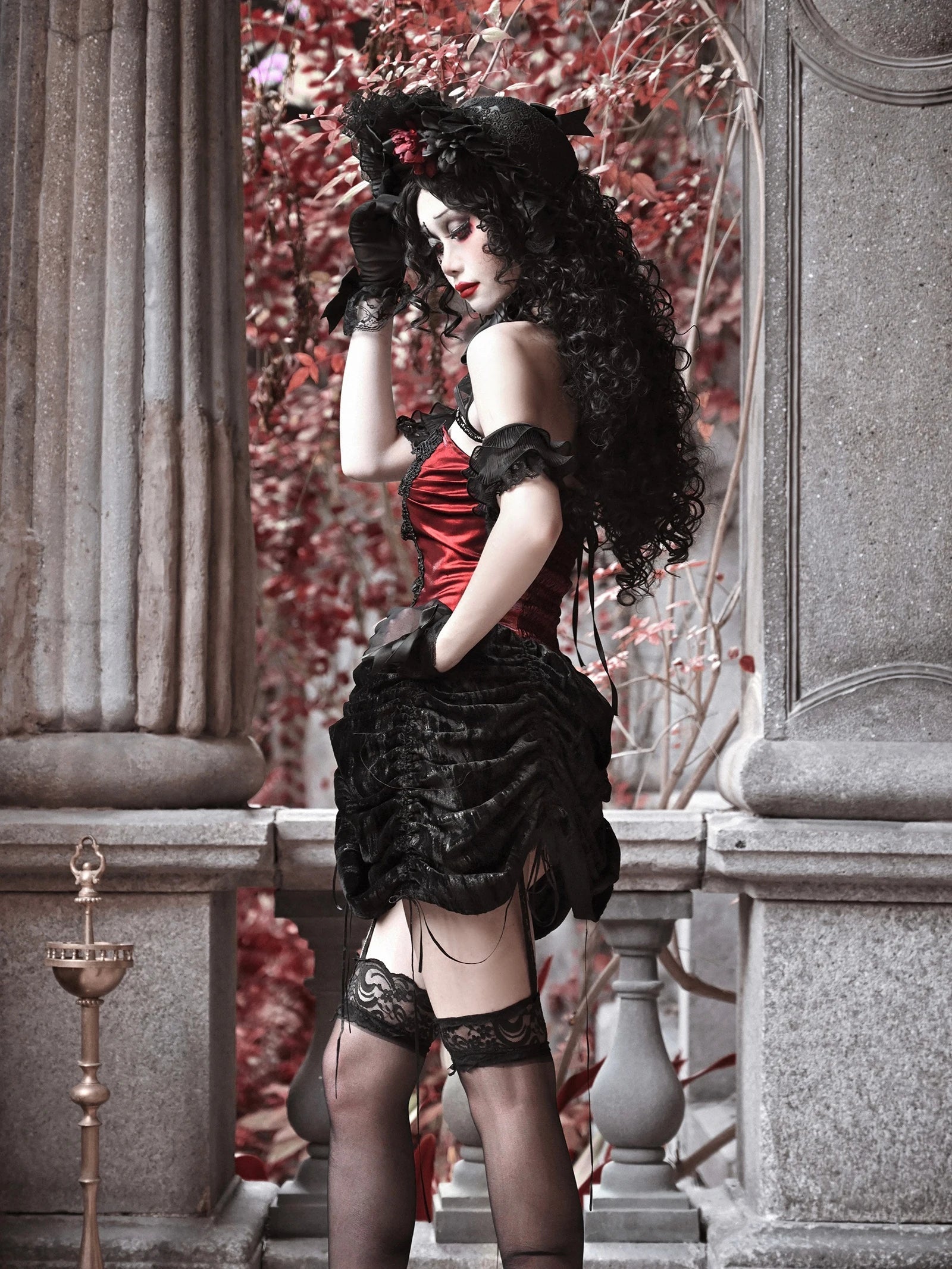 Lace-Up Halter Corset Ruffle Hem Velvet Gothic Mini Dress
