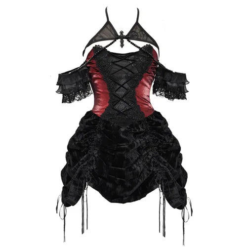 Lace-Up Halter Corset Ruffle Hem Velvet Gothic Mini Dress